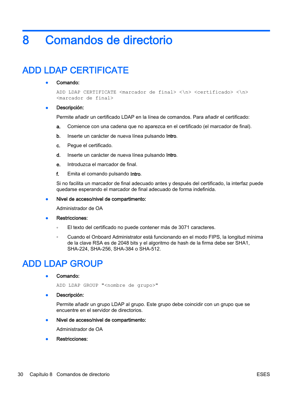 Comandos de directorio, Add ldap certificate, Add ldap group | 8 comandos de directorio, Add ldap certificate add ldap group, 8comandos de directorio | HP Onboard Administrator User Manual | Page 43 / 266