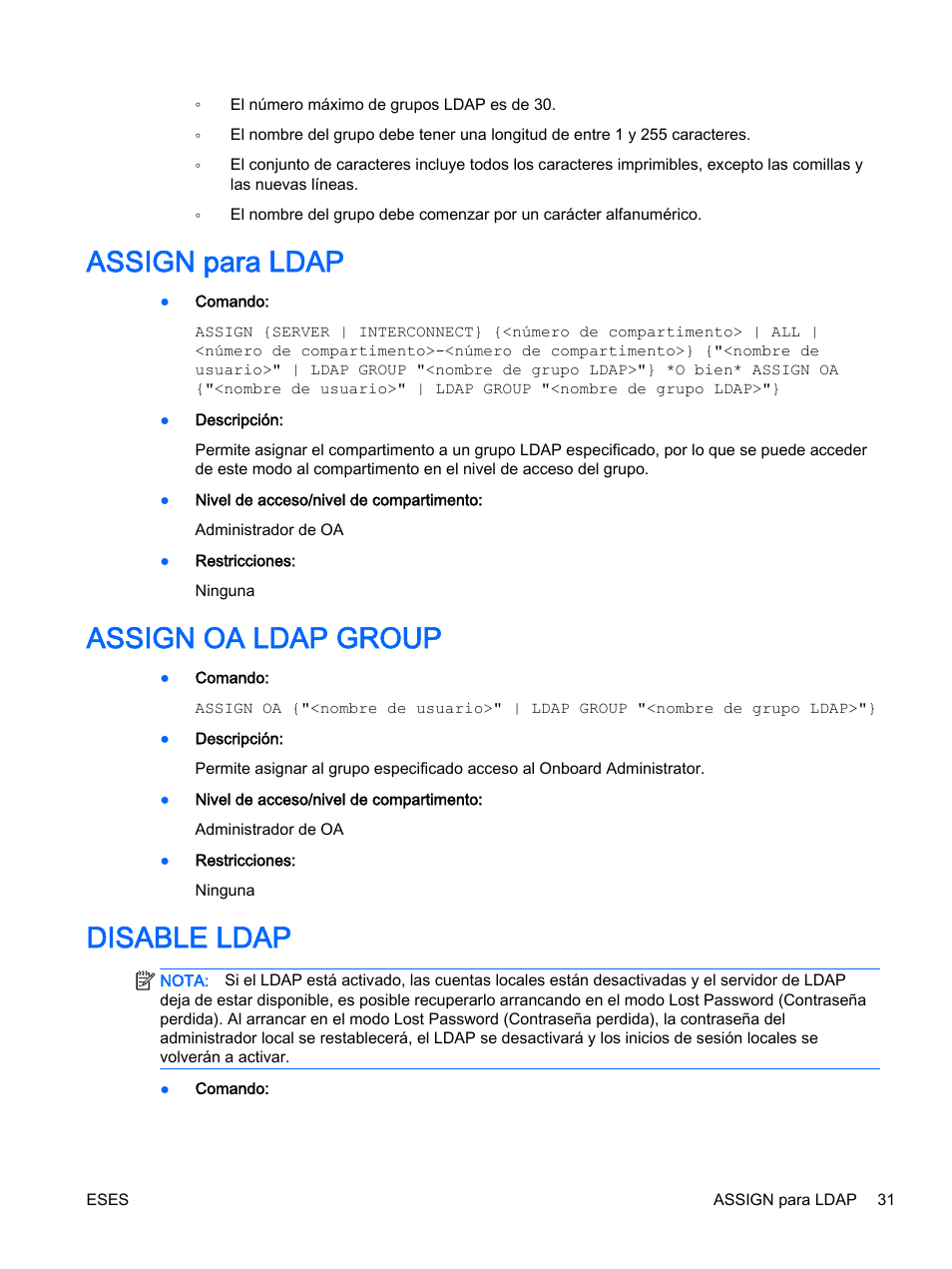 Assign para ldap, Assign oa ldap group, Disable ldap | Assign para ldap assign oa ldap group disable ldap | HP Onboard Administrator User Manual | Page 44 / 266