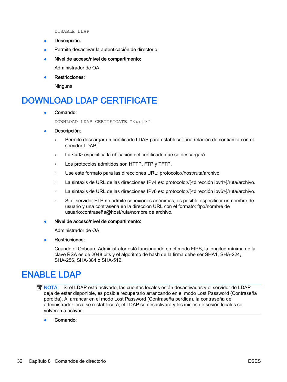 Download ldap certificate, Enable ldap, Download ldap certificate enable ldap | HP Onboard Administrator User Manual | Page 45 / 266