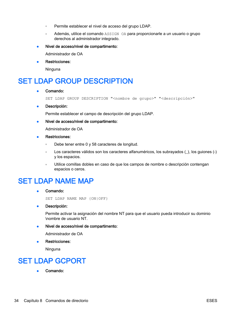 Set ldap group description, Set ldap name map, Set ldap gcport | HP Onboard Administrator User Manual | Page 47 / 266