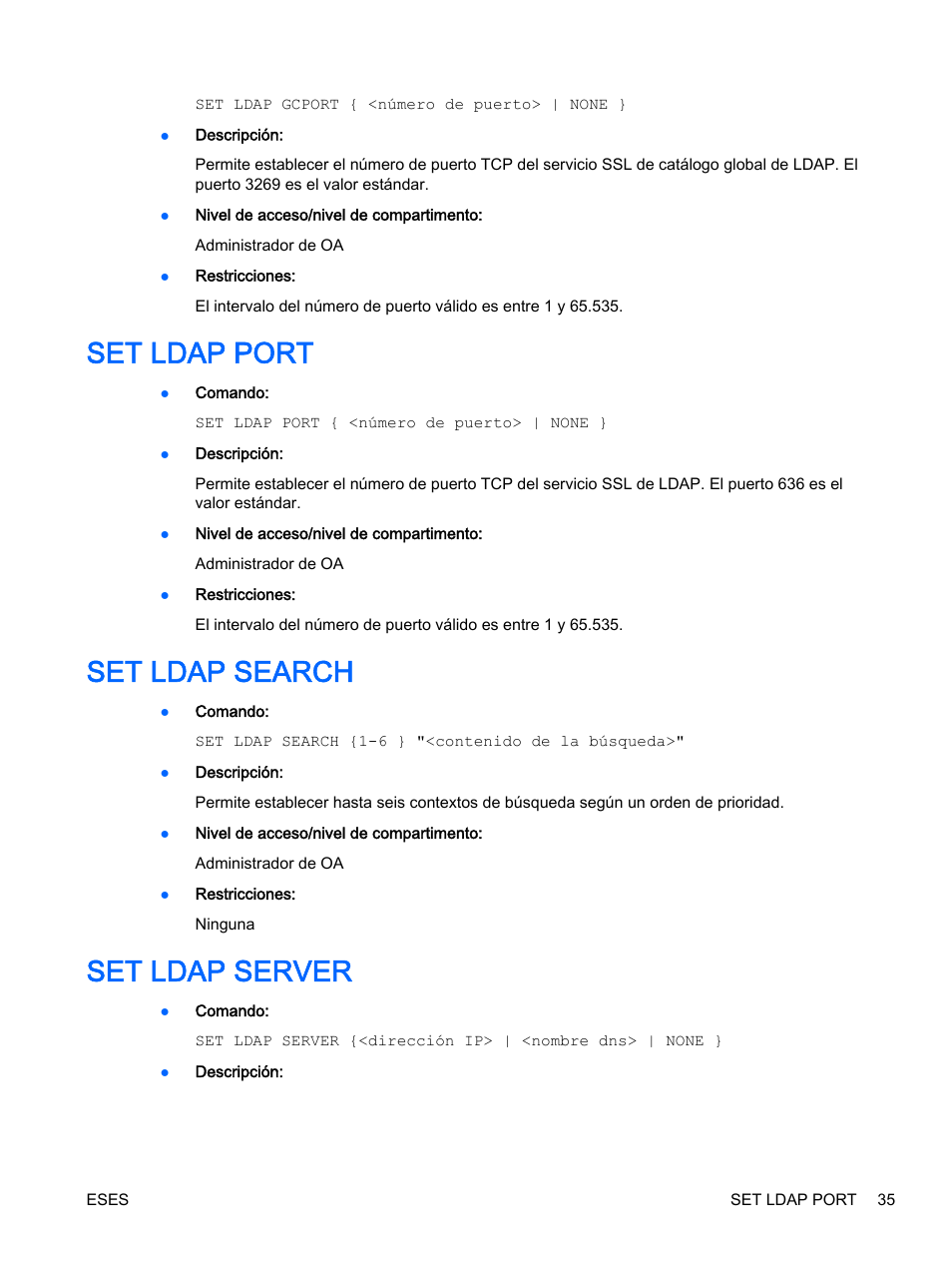 Set ldap port, Set ldap search, Set ldap server | Set ldap port set ldap search set ldap server | HP Onboard Administrator User Manual | Page 48 / 266