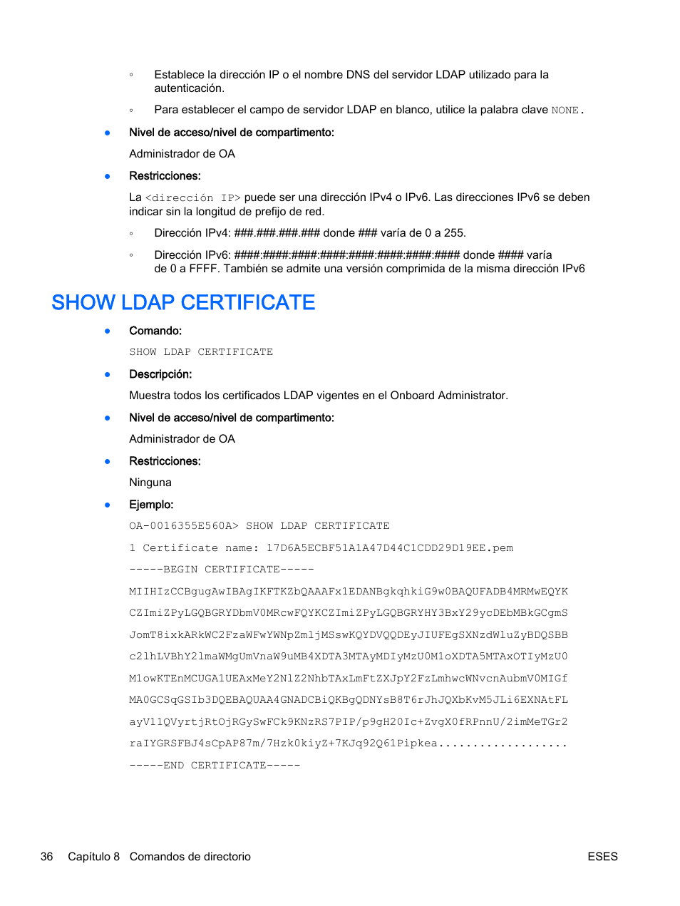 Show ldap certificate | HP Onboard Administrator User Manual | Page 49 / 266