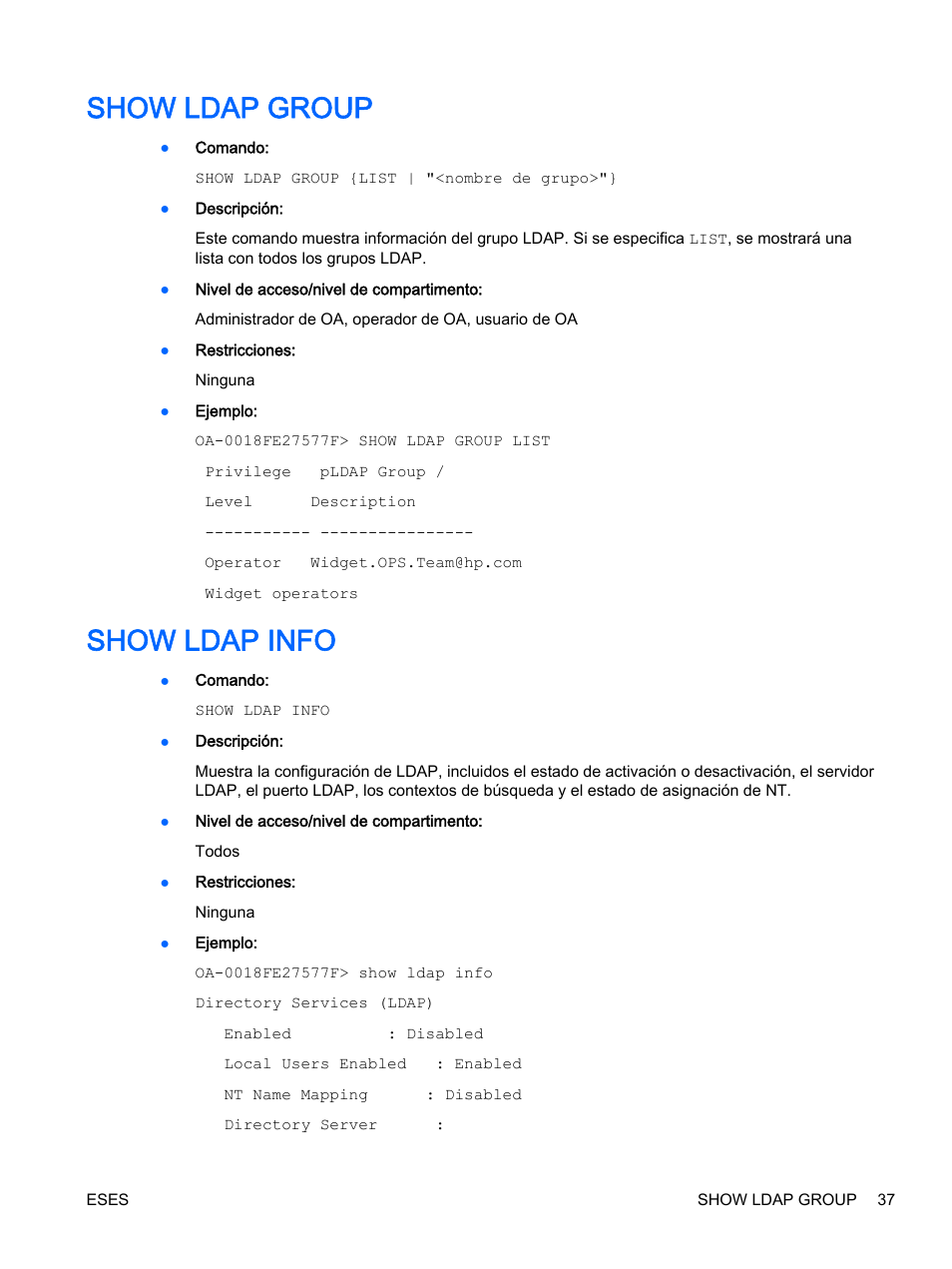 Show ldap group, Show ldap info, Show ldap group show ldap info | HP Onboard Administrator User Manual | Page 50 / 266