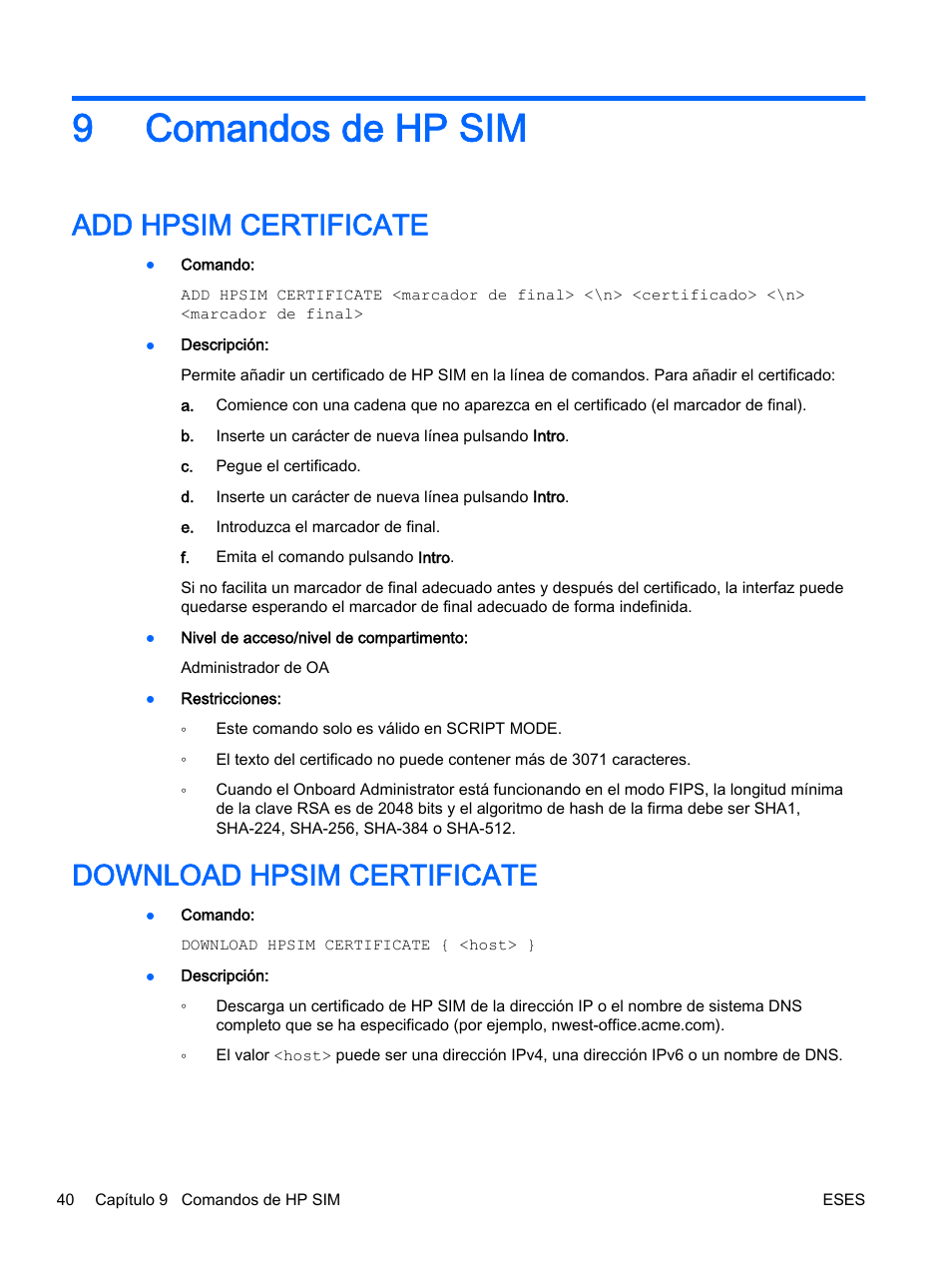 Comandos de hp sim, Add hpsim certificate, Download hpsim certificate | 9 comandos de hp sim, Add hpsim certificate download hpsim certificate, 9comandos de hp sim | HP Onboard Administrator User Manual | Page 53 / 266