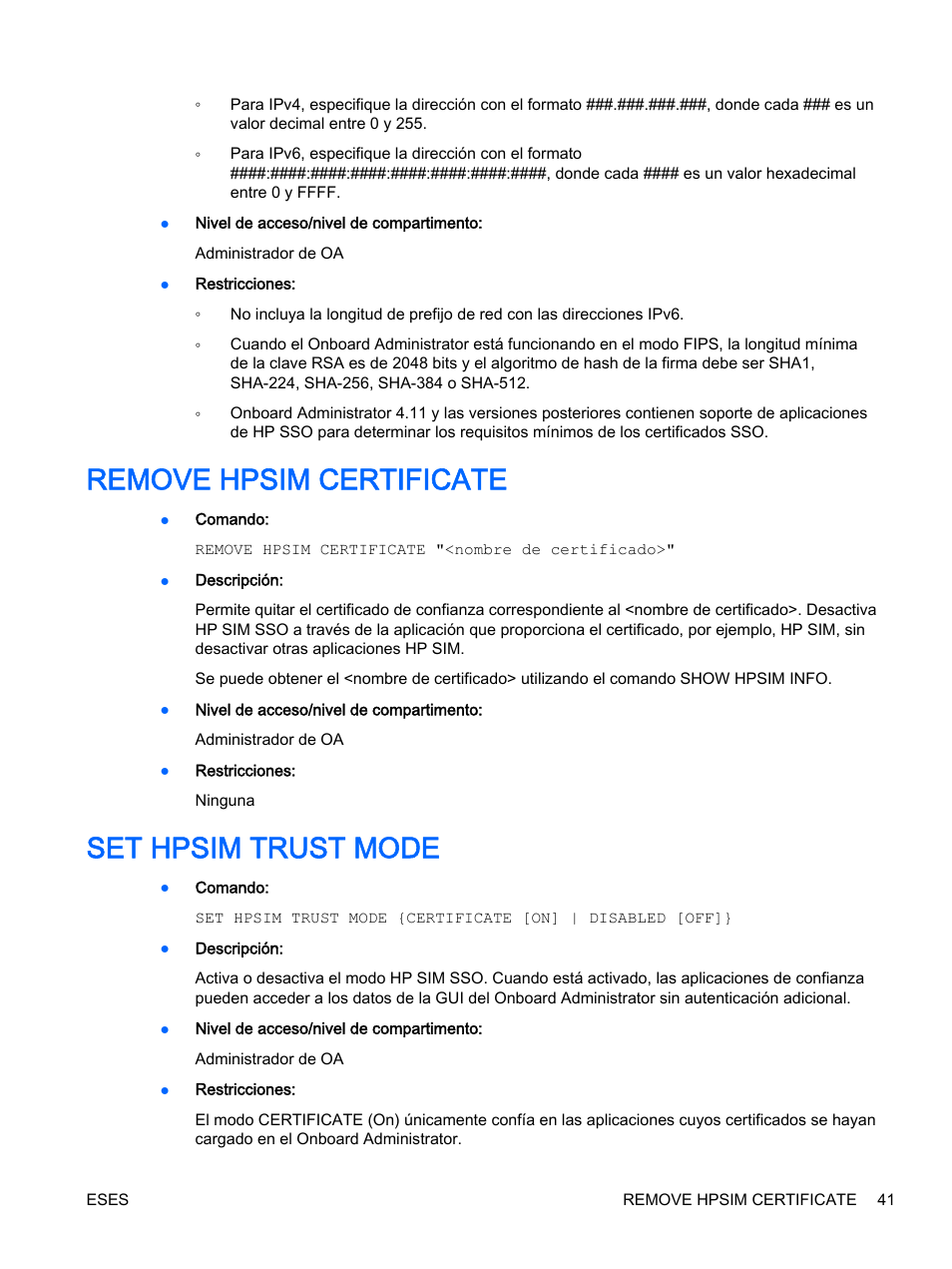 Remove hpsim certificate, Set hpsim trust mode, Remove hpsim certificate set hpsim trust mode | HP Onboard Administrator User Manual | Page 54 / 266