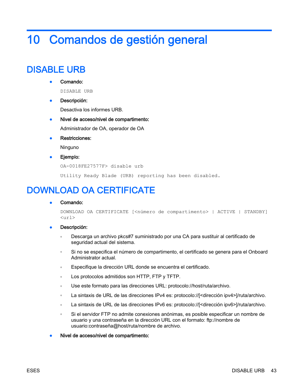 Comandos de gestión general, Disable urb, Download oa certificate | 10 comandos de gestión general, Disable urb download oa certificate | HP Onboard Administrator User Manual | Page 56 / 266