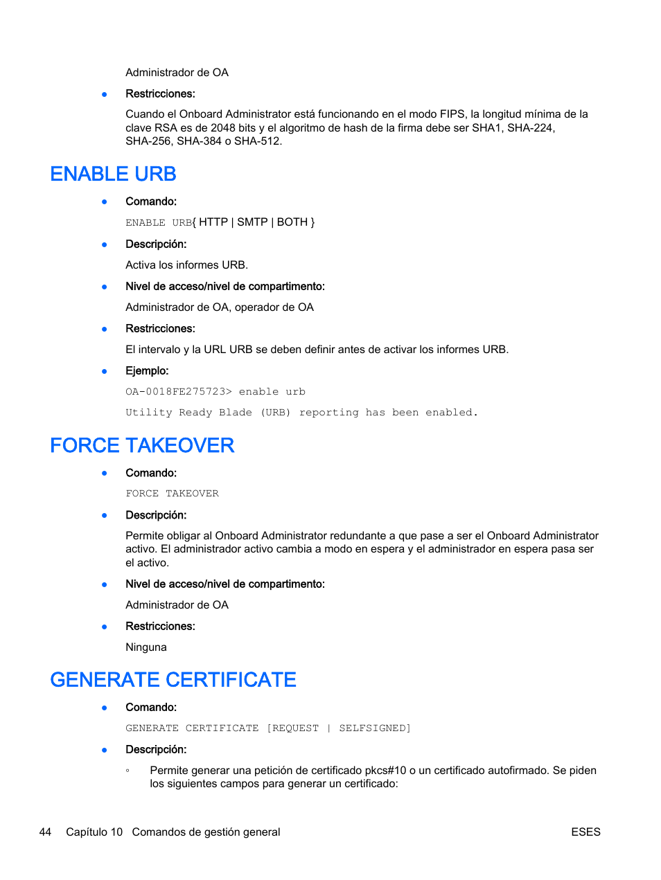 Enable urb, Force takeover, Generate certificate | Enable urb force takeover generate certificate | HP Onboard Administrator User Manual | Page 57 / 266