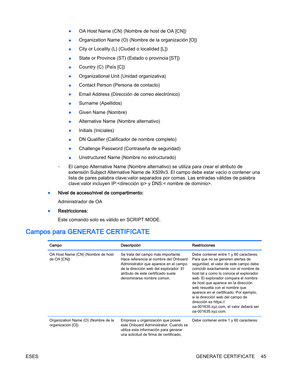 Campos para generate certificate | HP Onboard Administrator User Manual | Page 58 / 266