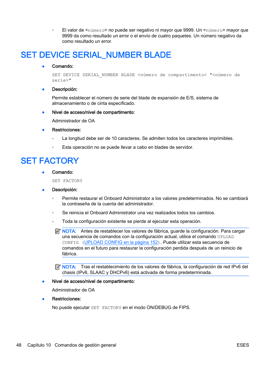 Set device serial_number blade, Set factory, Set device serial_number blade set factory | HP Onboard Administrator User Manual | Page 61 / 266