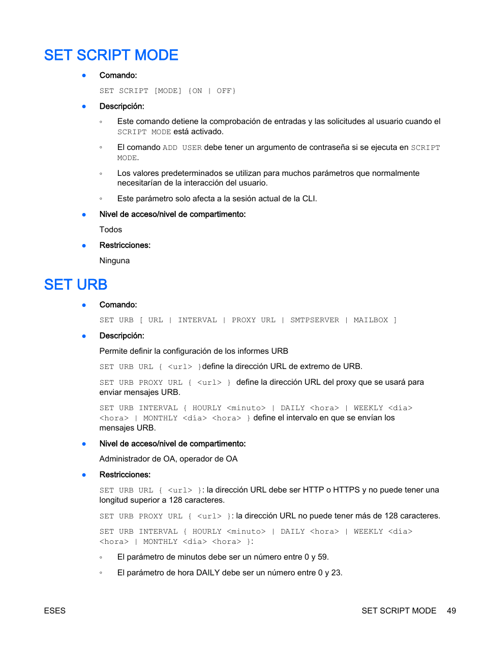 Set script mode, Set urb, Set script mode set urb | HP Onboard Administrator User Manual | Page 62 / 266