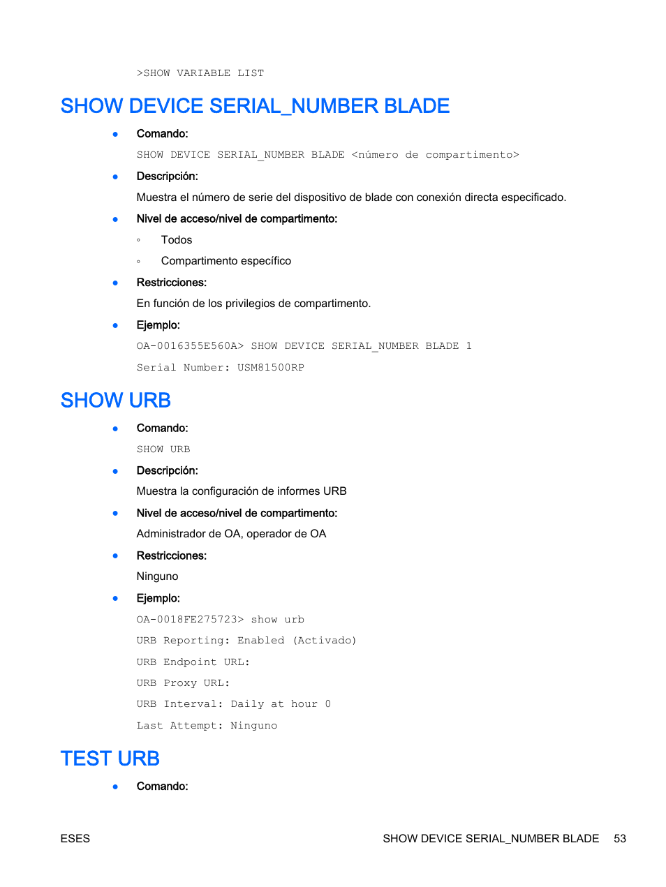 Show device serial_number blade, Show urb, Test urb | Show device serial_number blade show urb test urb | HP Onboard Administrator User Manual | Page 66 / 266