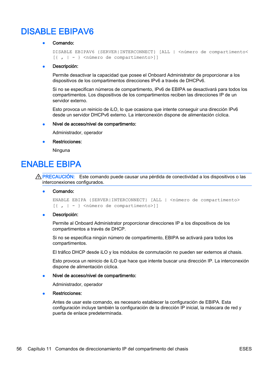 Disable ebipav6, Enable ebipa, Disable ebipav6 enable ebipa | HP Onboard Administrator User Manual | Page 69 / 266