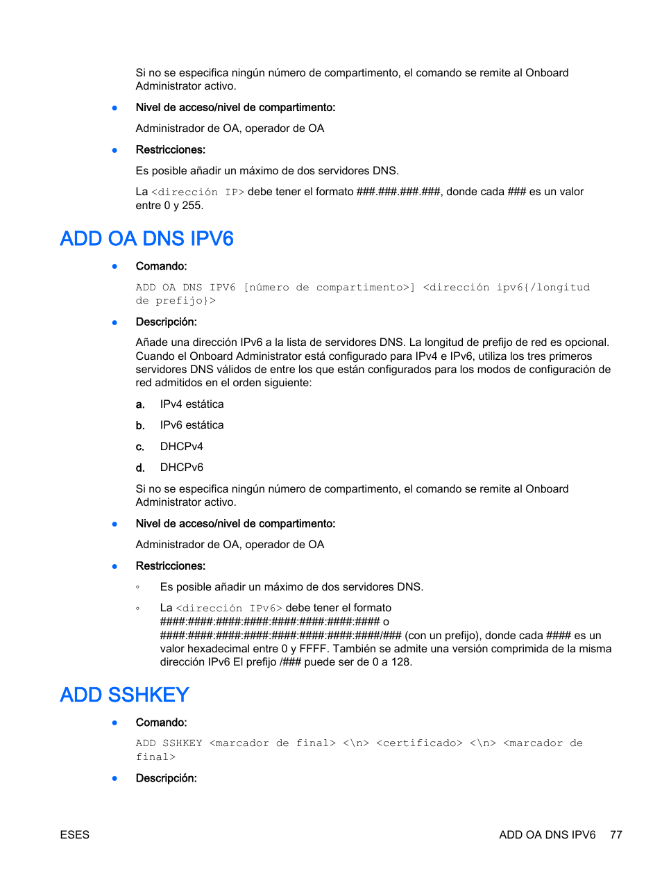 Add oa dns ipv6, Add sshkey, Add oa dns ipv6 add sshkey | HP Onboard Administrator User Manual | Page 90 / 266