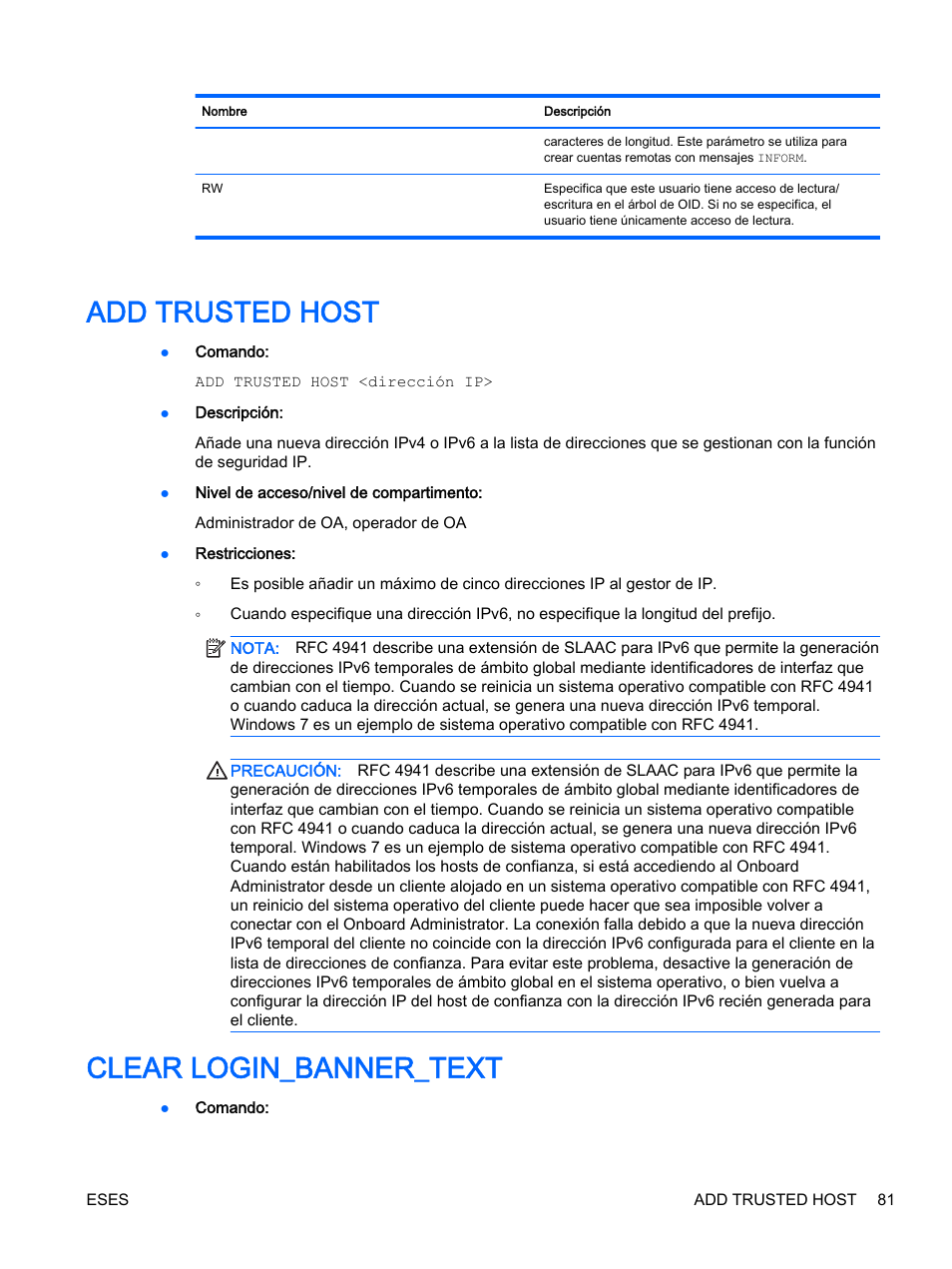 Add trusted host, Clear login_banner_text, Add trusted host clear login_banner_text | HP Onboard Administrator User Manual | Page 94 / 266