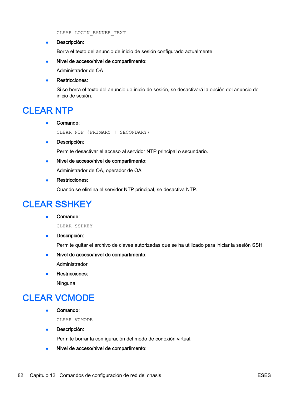 Clear ntp, Clear sshkey, Clear vcmode | Clear ntp clear sshkey clear vcmode | HP Onboard Administrator User Manual | Page 95 / 266