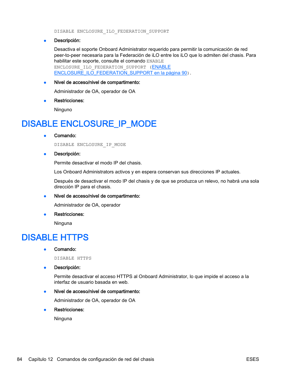 Disable enclosure_ip_mode, Disable https, Disable enclosure_ip_mode disable https | HP Onboard Administrator User Manual | Page 97 / 266