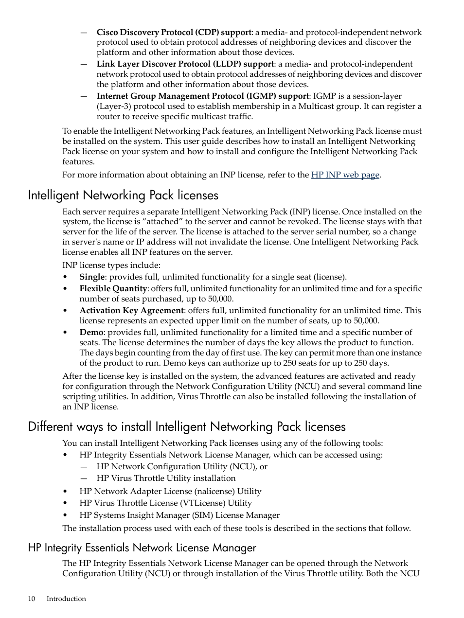 Intelligent networking pack licenses, Hp integrity essentials network license manager | HP Integrity rx4640 Server User Manual | Page 10 / 53