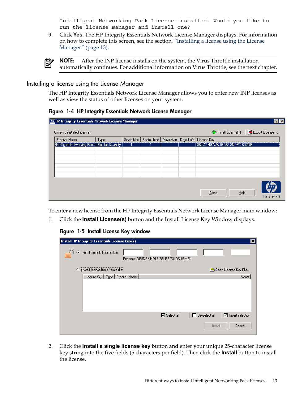 Installing a license using the license manager, Hp integrity essentials network license manager, Install license key window | HP Integrity rx4640 Server User Manual | Page 13 / 53