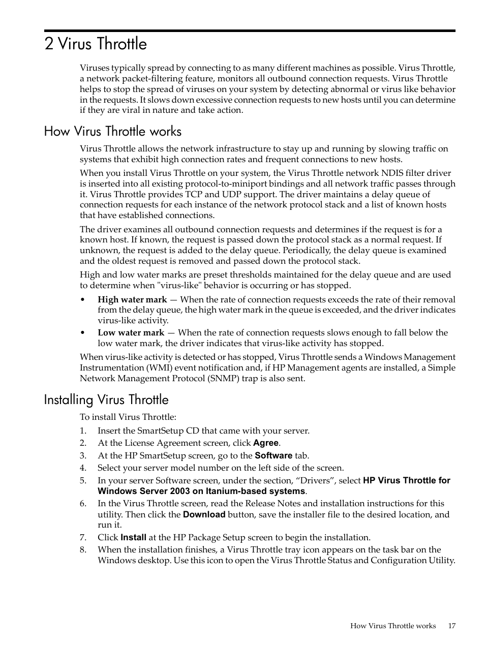 2 virus throttle, How virus throttle works, Installing virus throttle | How virus throttle works installing virus throttle | HP Integrity rx4640 Server User Manual | Page 17 / 53