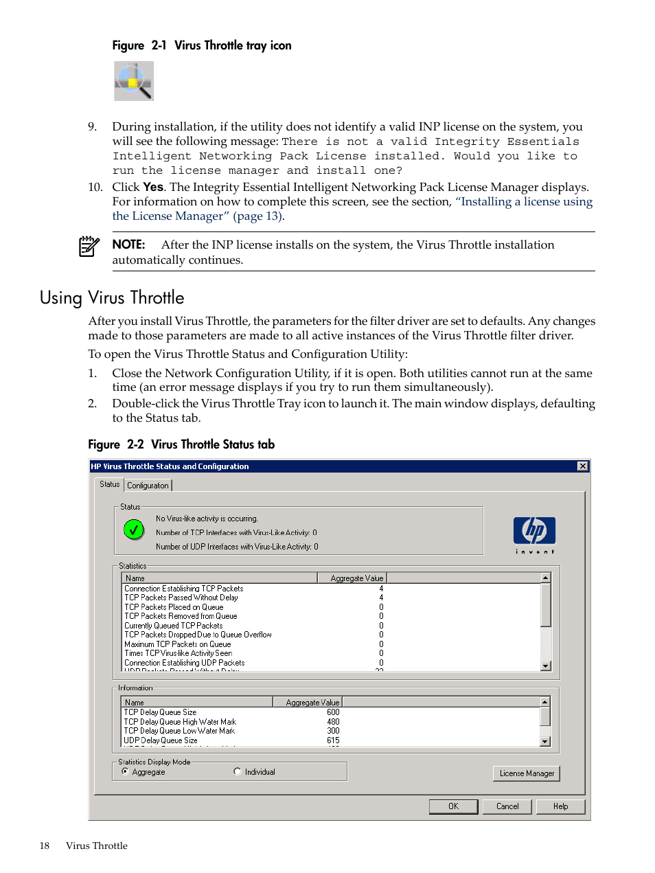Using virus throttle, Virus throttle tray icon, Virus throttle status tab | HP Integrity rx4640 Server User Manual | Page 18 / 53