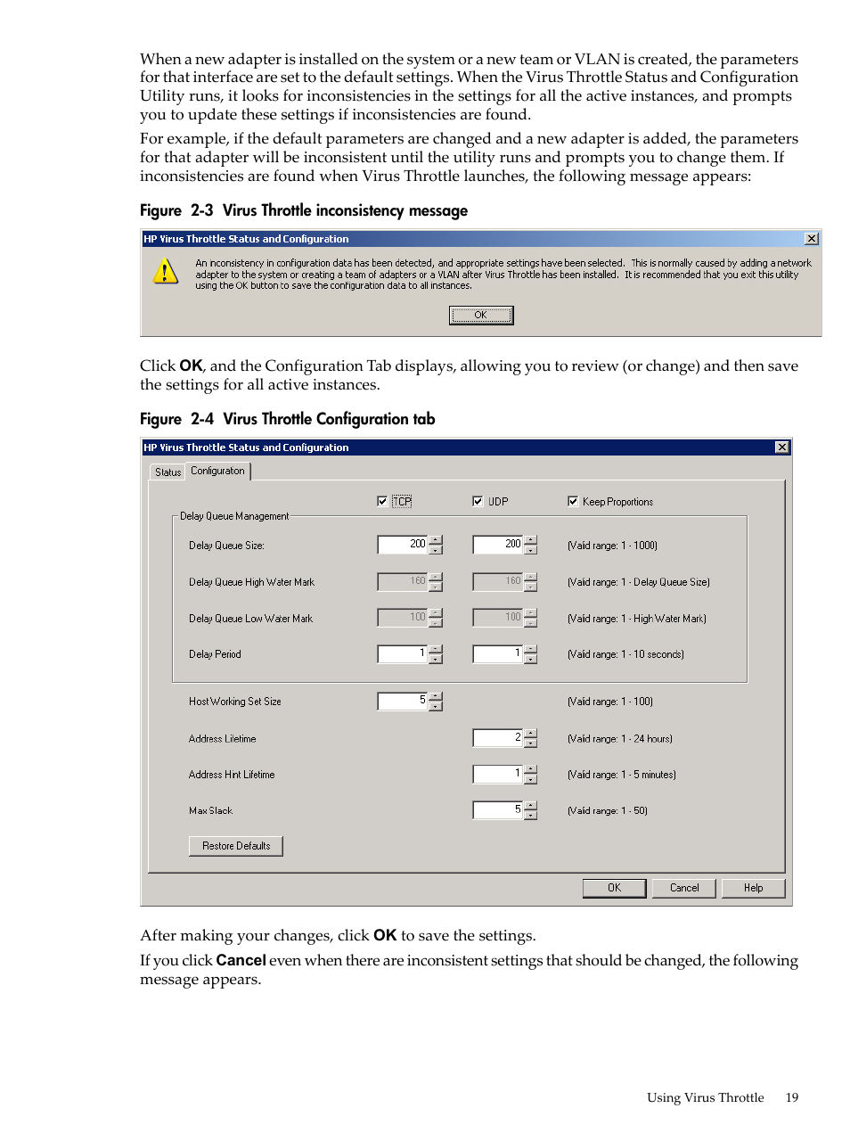 Virus throttle inconsistency message, Virus throttle configuration tab | HP Integrity rx4640 Server User Manual | Page 19 / 53