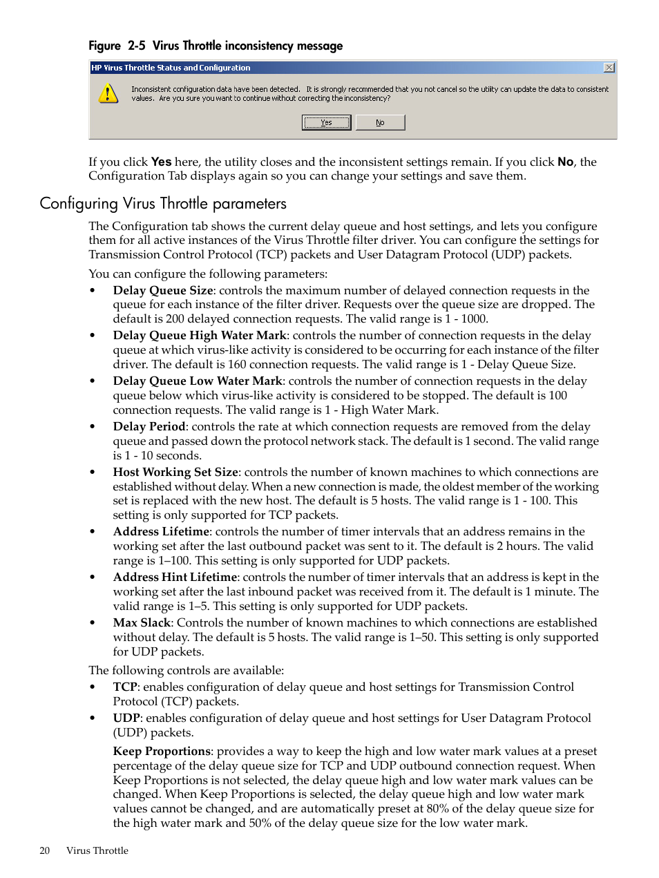 Configuring virus throttle parameters, Virus throttle inconsistency message | HP Integrity rx4640 Server User Manual | Page 20 / 53