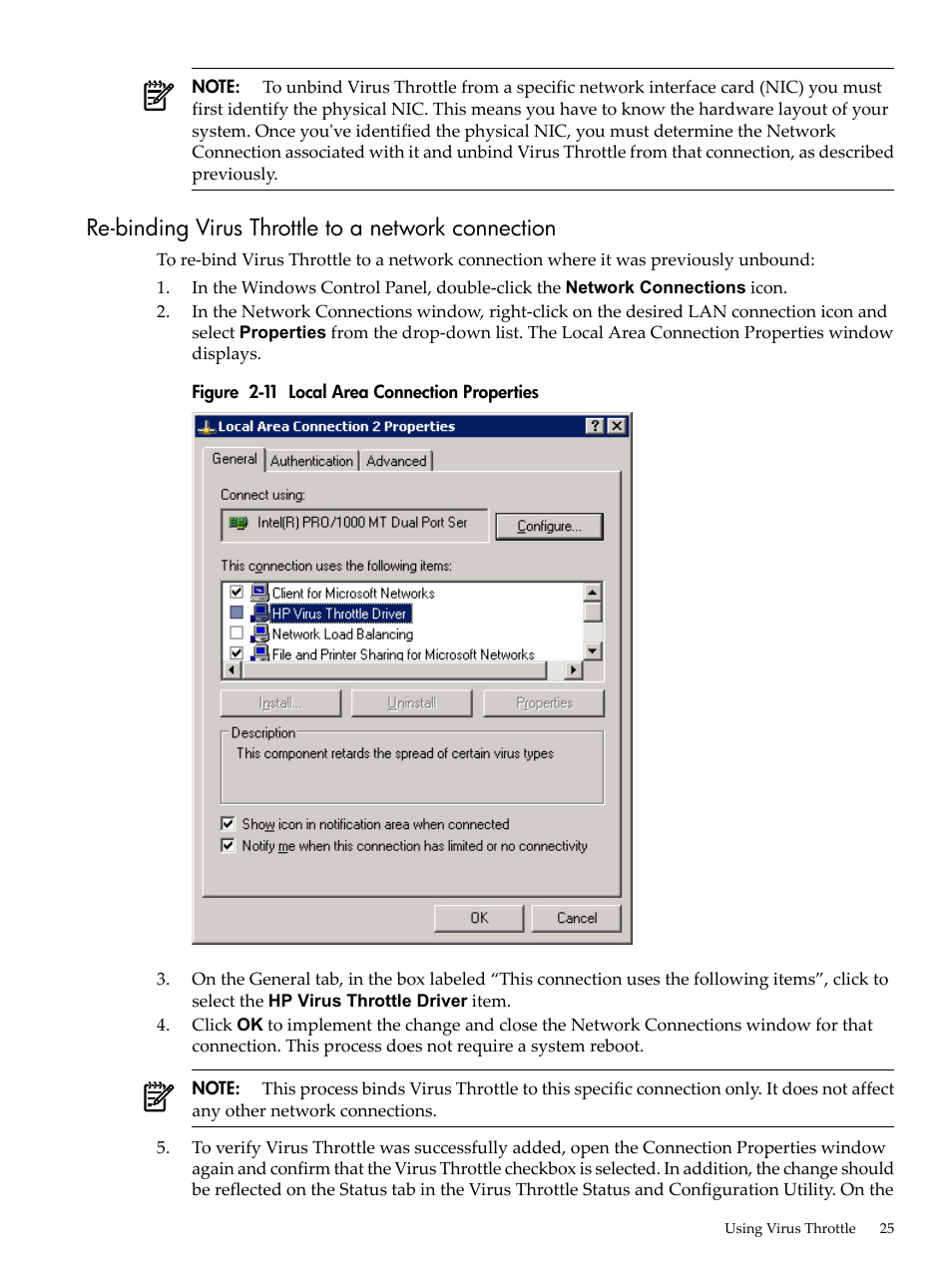 Re-binding virus throttle to a network connection, Local area connection properties | HP Integrity rx4640 Server User Manual | Page 25 / 53