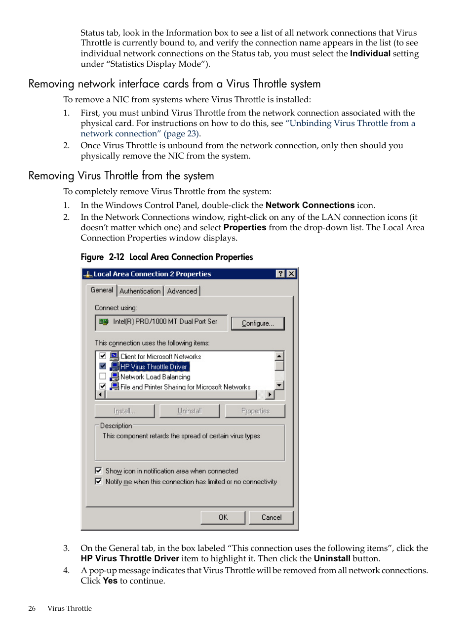 Removing virus throttle from the system, Local area connection properties | HP Integrity rx4640 Server User Manual | Page 26 / 53