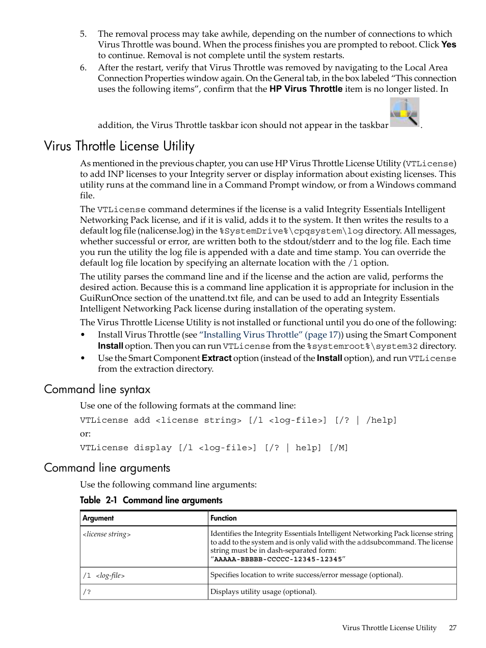 Virus throttle license utility, Command line syntax, Command line arguments | Command line syntax command line arguments | HP Integrity rx4640 Server User Manual | Page 27 / 53