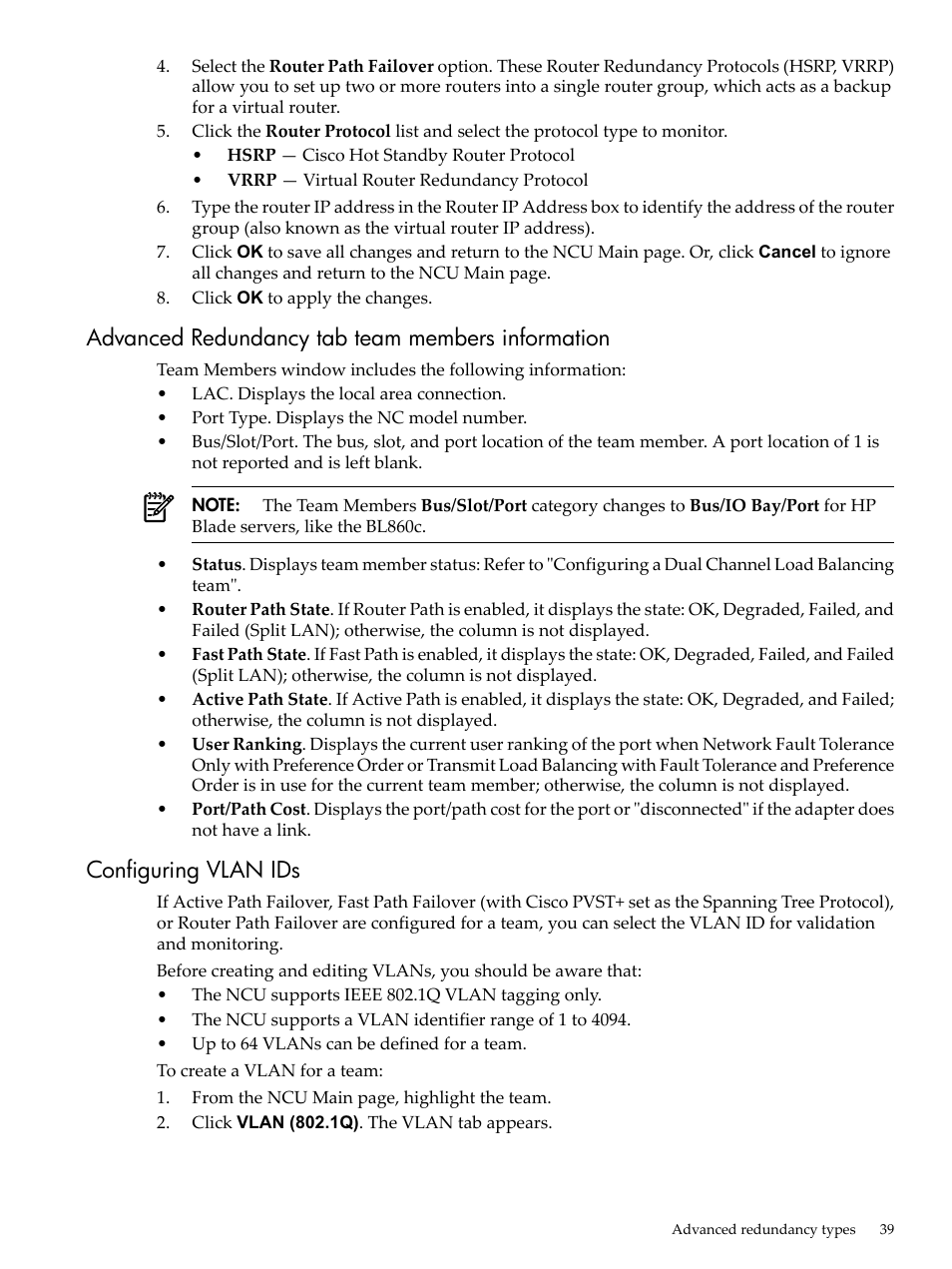 Advanced redundancy tab team members information, Configuring vlan ids | HP Integrity rx4640 Server User Manual | Page 39 / 53