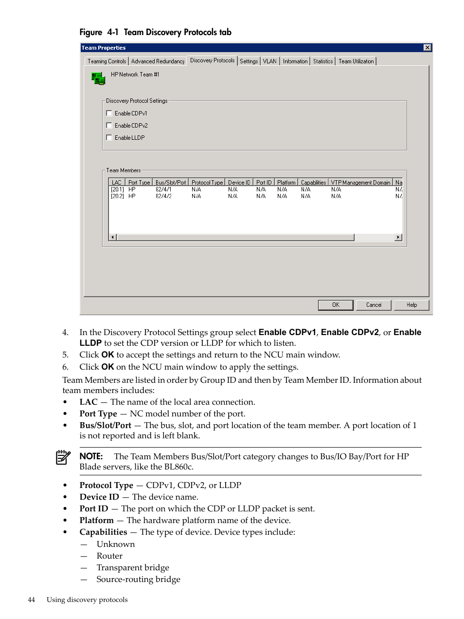 Team discovery protocols tab | HP Integrity rx4640 Server User Manual | Page 44 / 53
