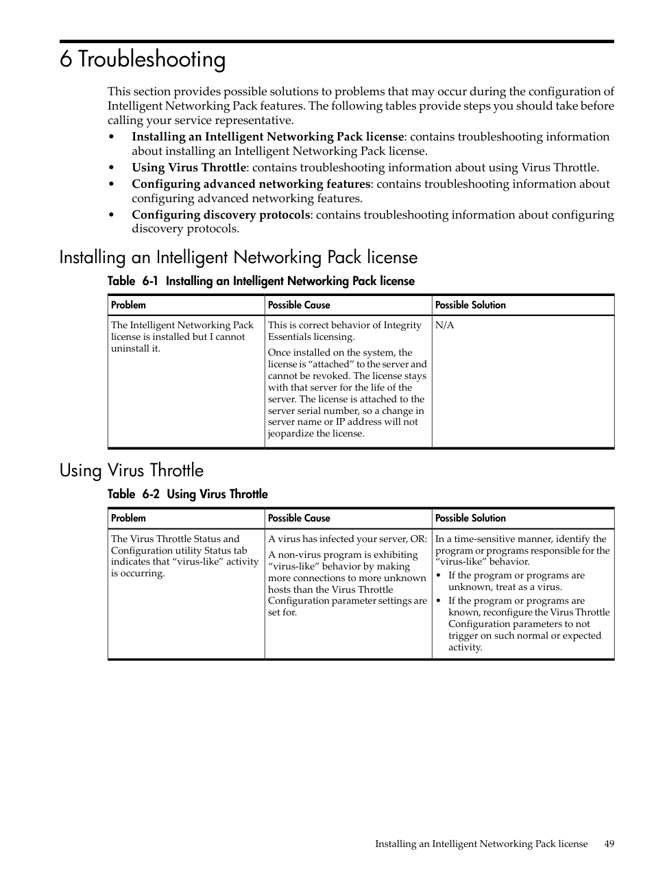 6 troubleshooting, Installing an intelligent networking pack license, Using virus throttle | HP Integrity rx4640 Server User Manual | Page 49 / 53