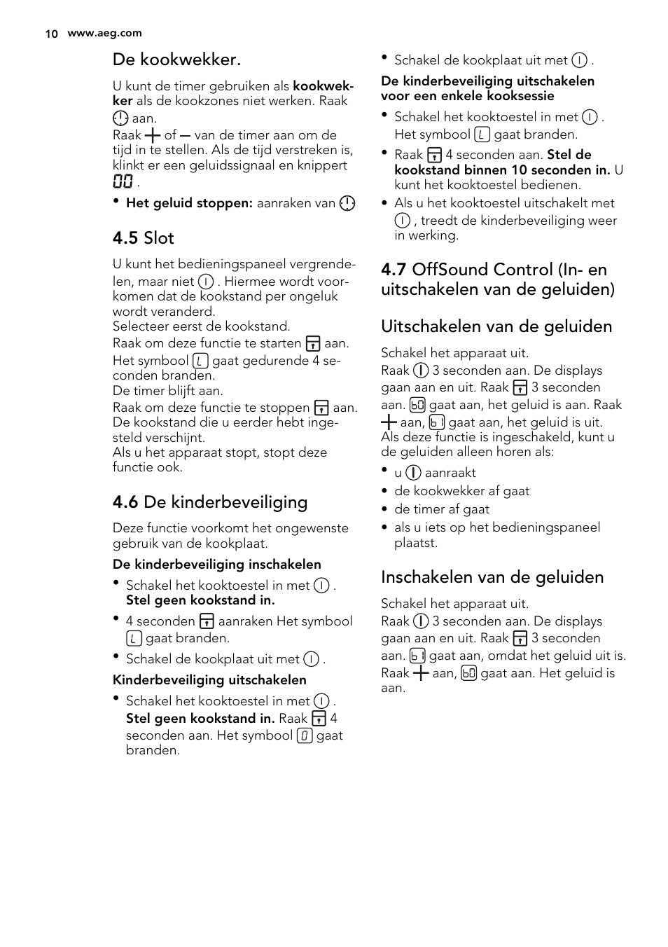 De kookwekker, 5 slot, 6 de kinderbeveiliging | Inschakelen van de geluiden | AEG HC452600EB User Manual | Page 10 / 76