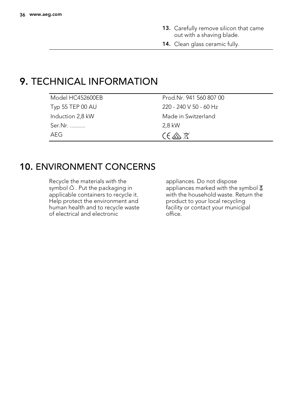 Technical information, Environment concerns | AEG HC452600EB User Manual | Page 36 / 76