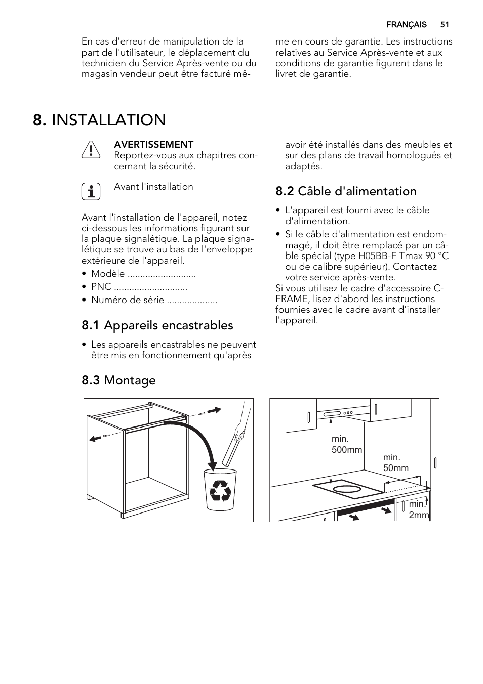 Installation, 1 appareils encastrables, 2 câble d'alimentation | 3 montage | AEG HC452600EB User Manual | Page 51 / 76