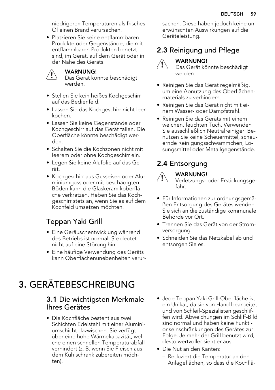 Gerätebeschreibung, Teppan yaki grill, 3 reinigung und pflege | 4 entsorgung, 1 die wichtigsten merkmale ihres gerätes | AEG HC452600EB User Manual | Page 59 / 76
