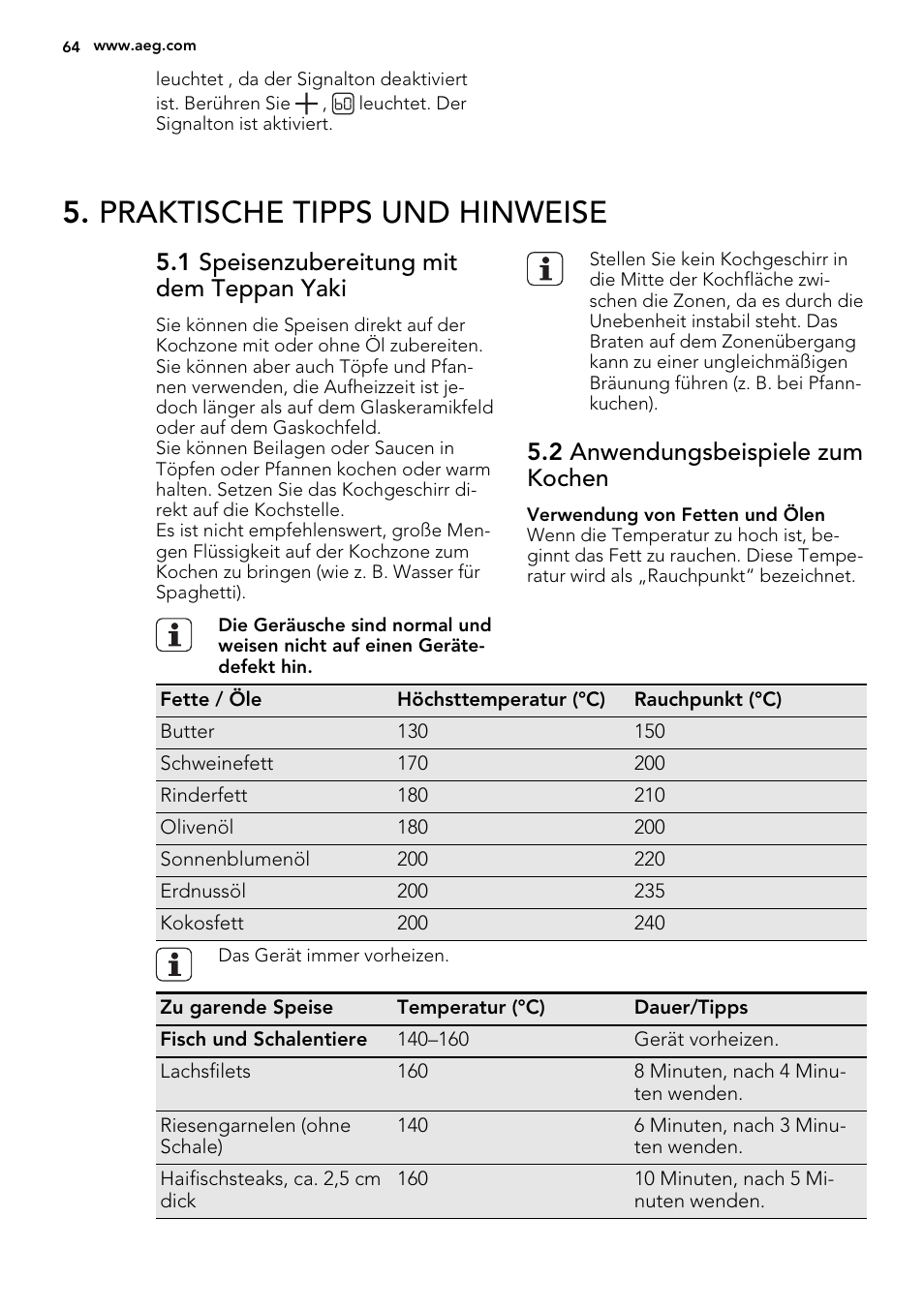 Praktische tipps und hinweise, 1 speisenzubereitung mit dem teppan yaki, 2 anwendungsbeispiele zum kochen | AEG HC452600EB User Manual | Page 64 / 76