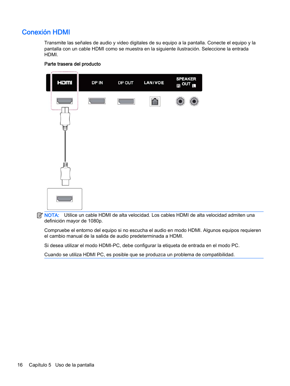 Conexión hdmi | HP Pantalla LED de 55 pulgadas HP LD5535 Digital Signage User Manual | Page 26 / 111