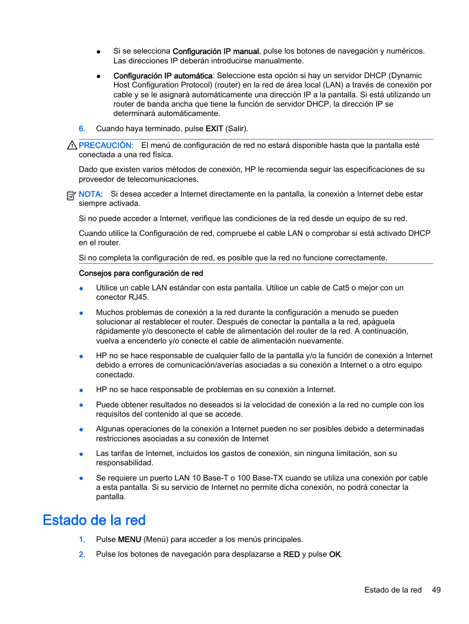 Estado de la red | HP Pantalla LED de 55 pulgadas HP LD5535 Digital Signage User Manual | Page 59 / 111