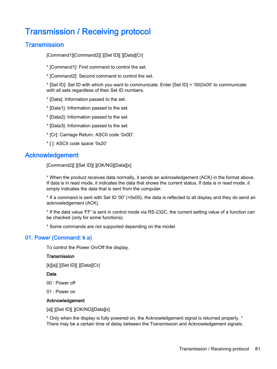 Transmission / receiving protocol, Transmission, Acknowledgement | Power (command: k a), Transmission acknowledgement | HP Pantalla LED de 55 pulgadas HP LD5535 Digital Signage User Manual | Page 91 / 111