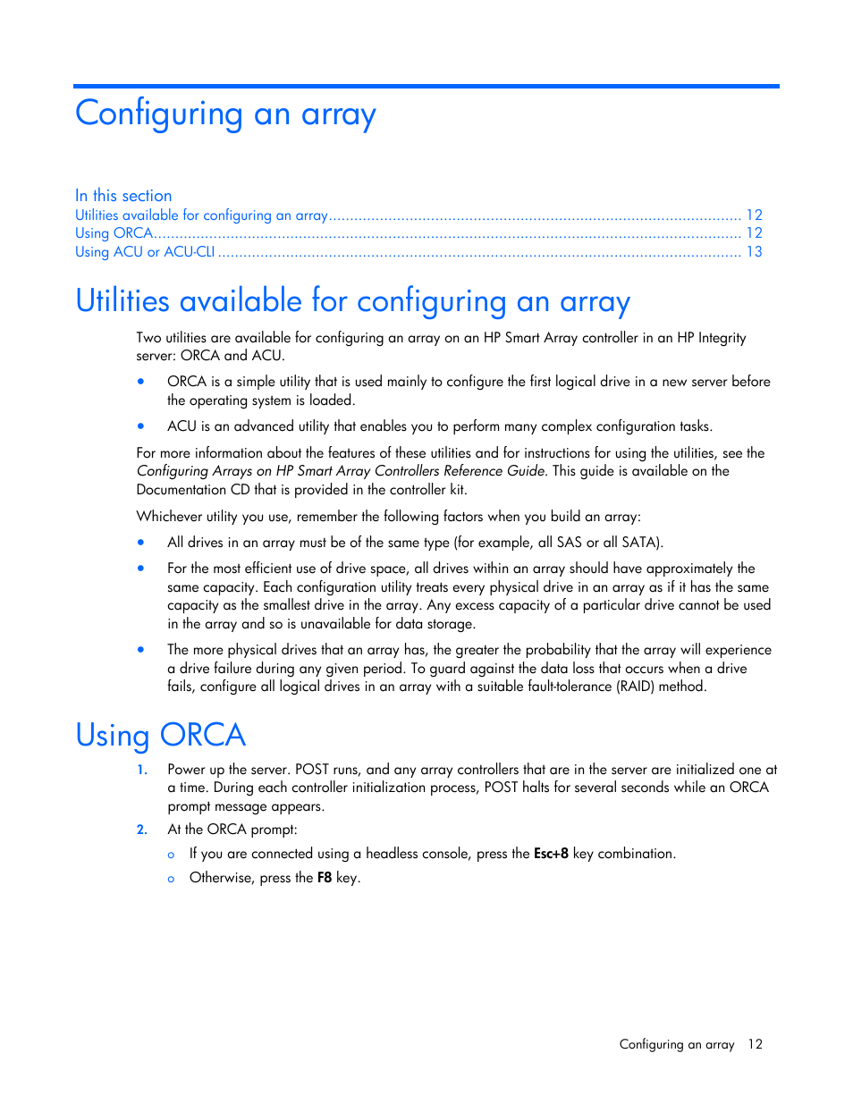 Configuring an array, Utilities available for configuring an array, Using orca | HP Integrity rx4640 Server User Manual | Page 12 / 33