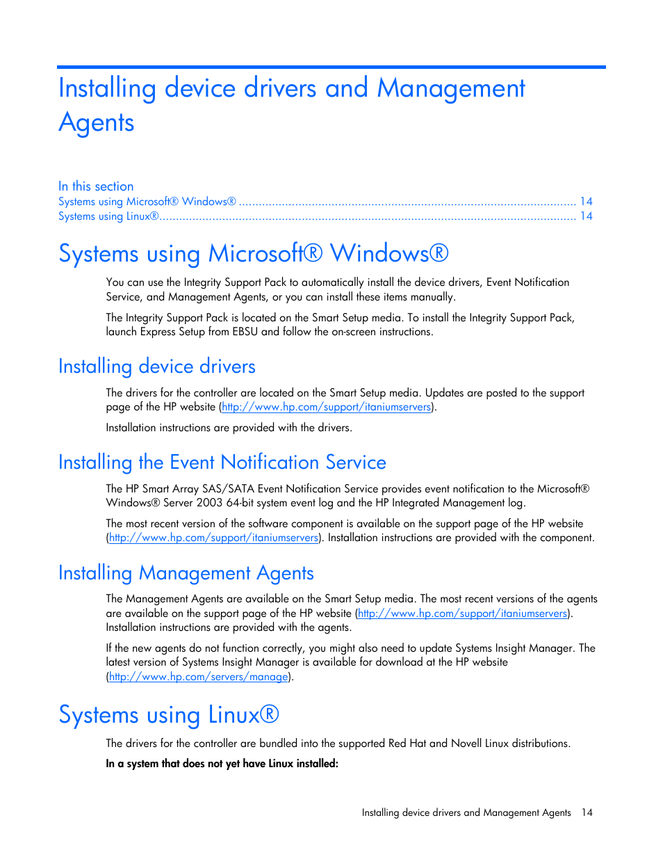 Installing device drivers and management agents, Systems using microsoft® windows, Installing device drivers | Installing the event notification service, Installing management agents, Systems using linux, Using acu or acu-cli | HP Integrity rx4640 Server User Manual | Page 14 / 33
