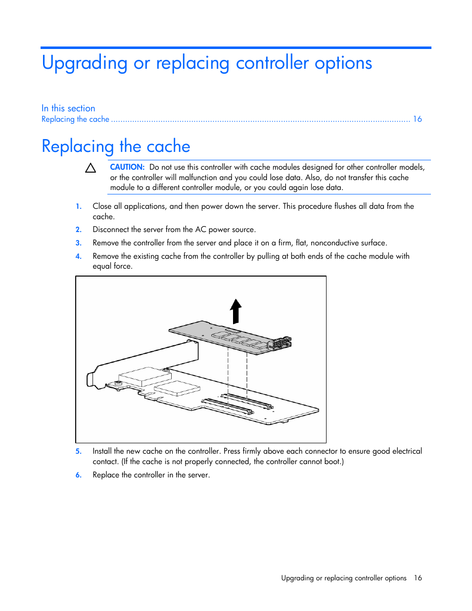 Upgrading or replacing controller options, Replacing the cache, Systems using linux | HP Integrity rx4640 Server User Manual | Page 16 / 33
