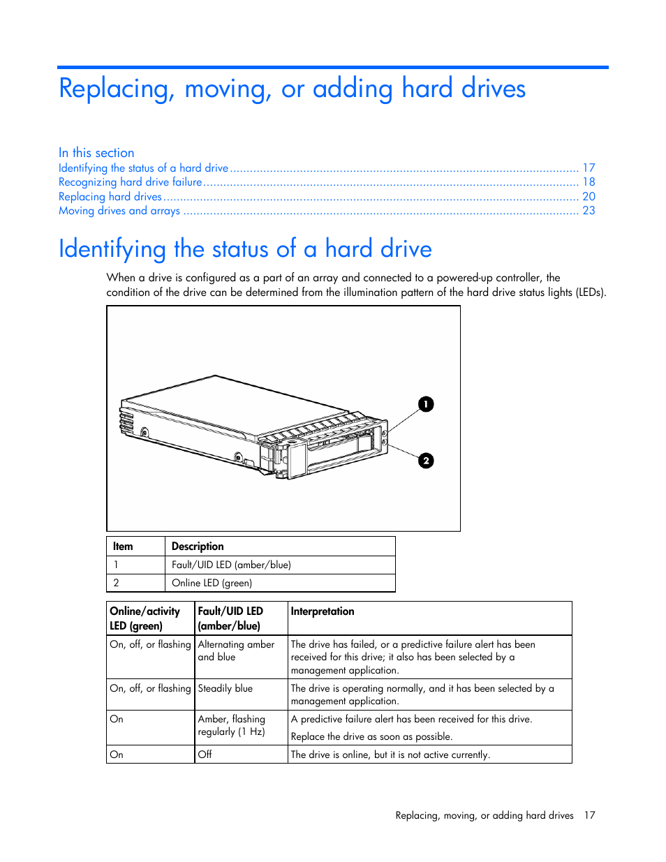 Replacing, moving, or adding hard drives, Identifying the status of a hard drive | HP Integrity rx4640 Server User Manual | Page 17 / 33