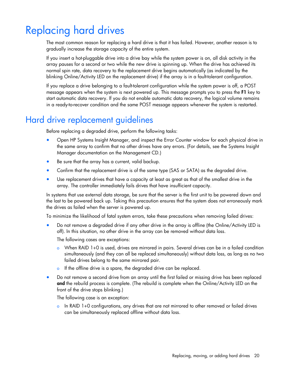 Replacing hard drives, Hard drive replacement guidelines, Recognizing hard drive failure | HP Integrity rx4640 Server User Manual | Page 20 / 33