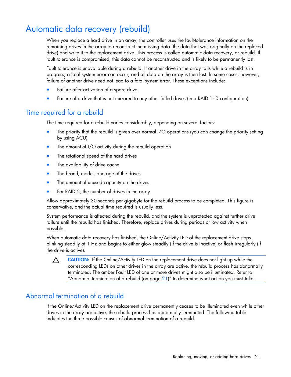 Automatic data recovery (rebuild), Time required for a rebuild, Abnormal termination of a rebuild | Replacing hard drives | HP Integrity rx4640 Server User Manual | Page 21 / 33