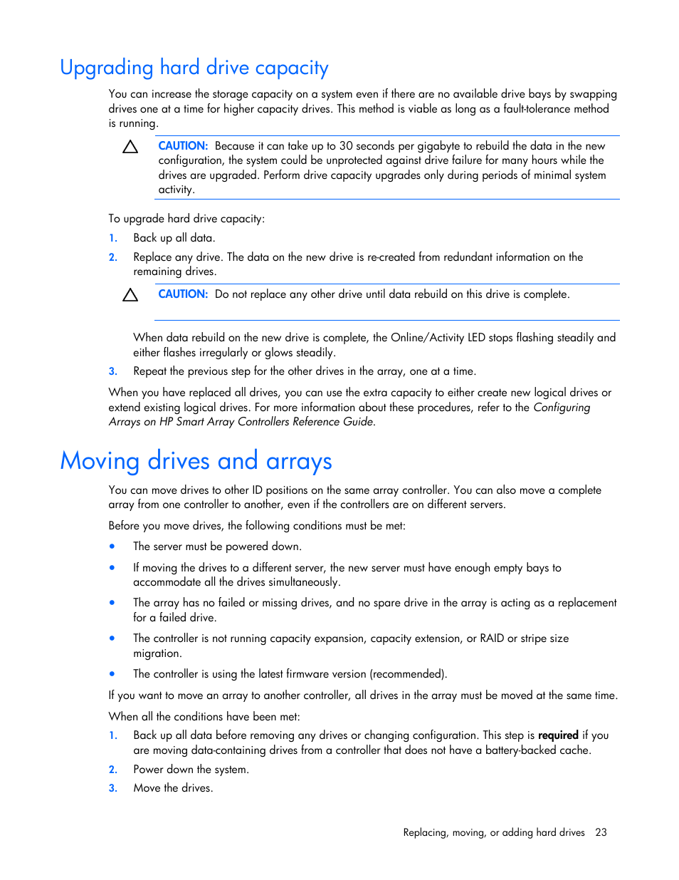 Upgrading hard drive capacity, Moving drives and arrays | HP Integrity rx4640 Server User Manual | Page 23 / 33