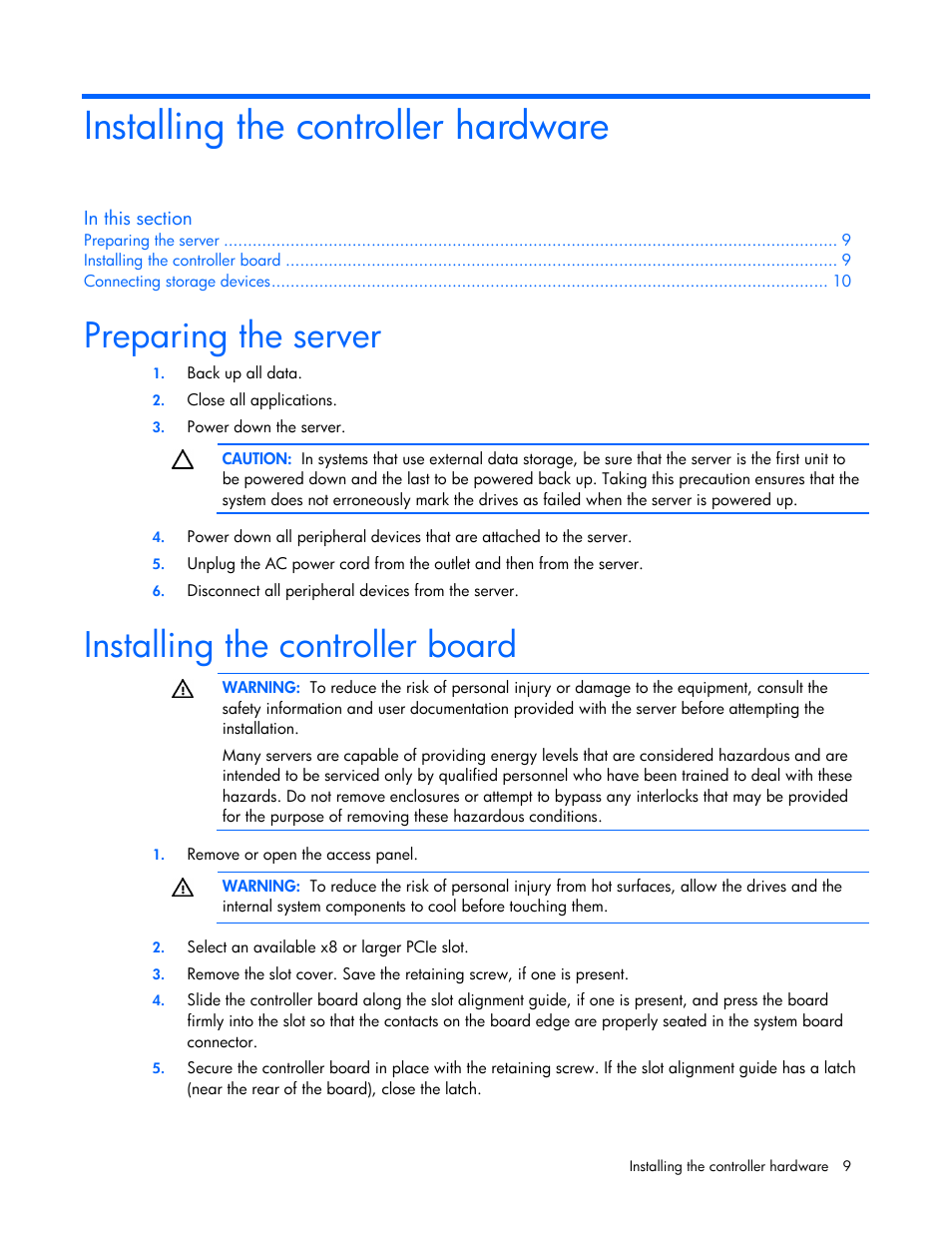 Installing the controller hardware, Preparing the server, Installing the controller board | HP Integrity rx4640 Server User Manual | Page 9 / 33