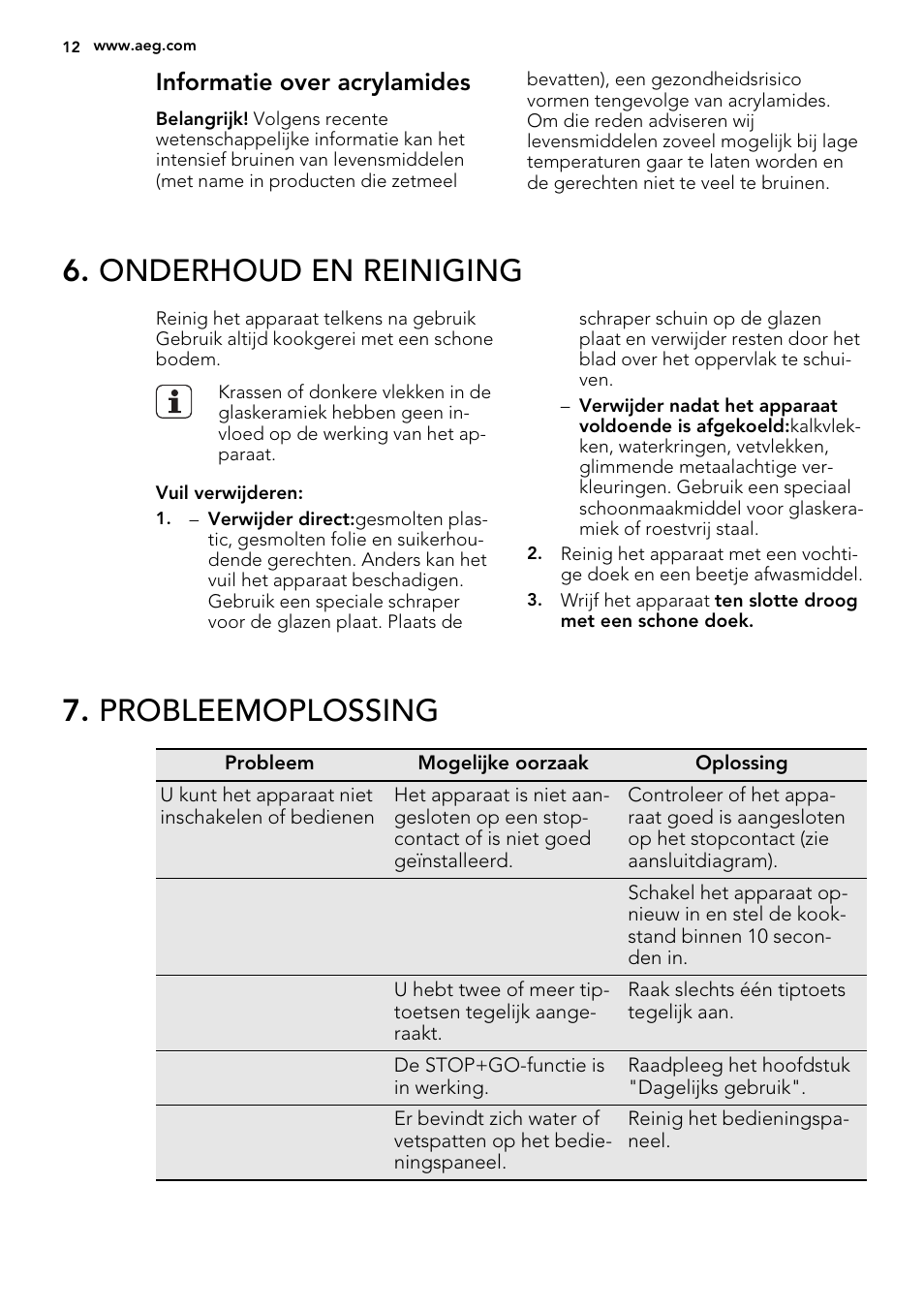 Onderhoud en reiniging, Probleemoplossing, Informatie over acrylamides | AEG HC452020EB User Manual | Page 12 / 68