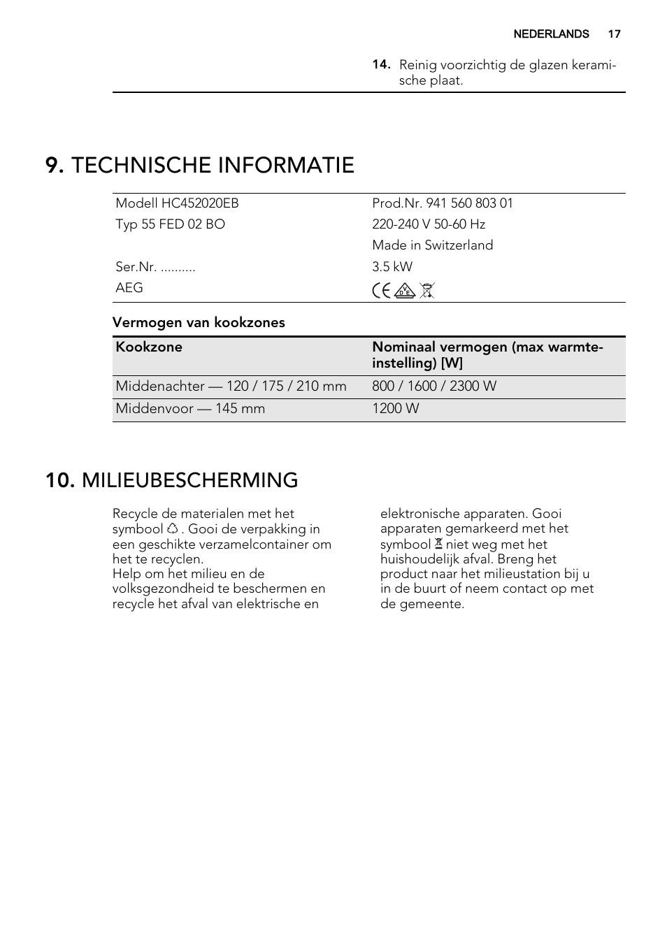 Technische informatie, Milieubescherming | AEG HC452020EB User Manual | Page 17 / 68